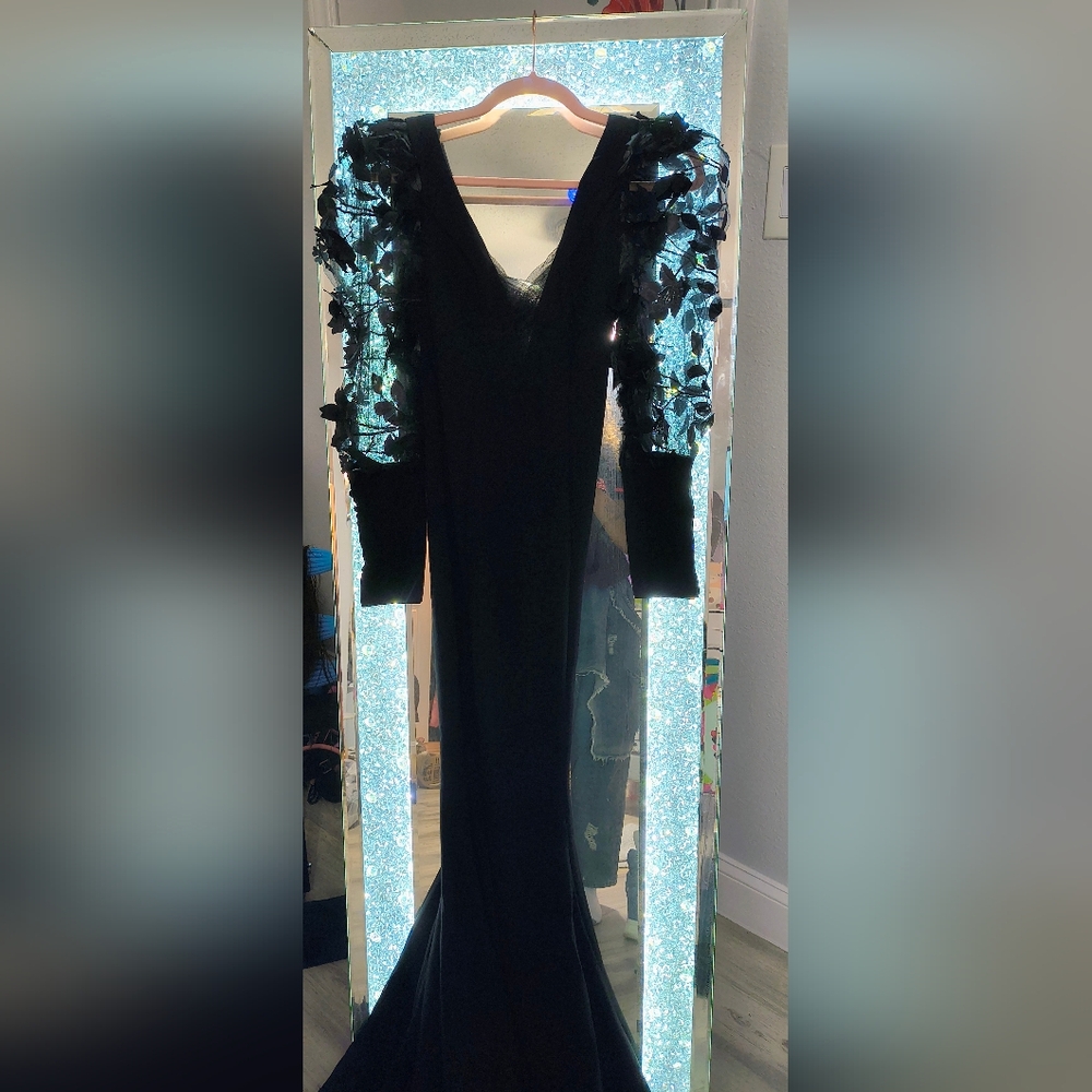 Elegant Black Gown with Floral Sleeves